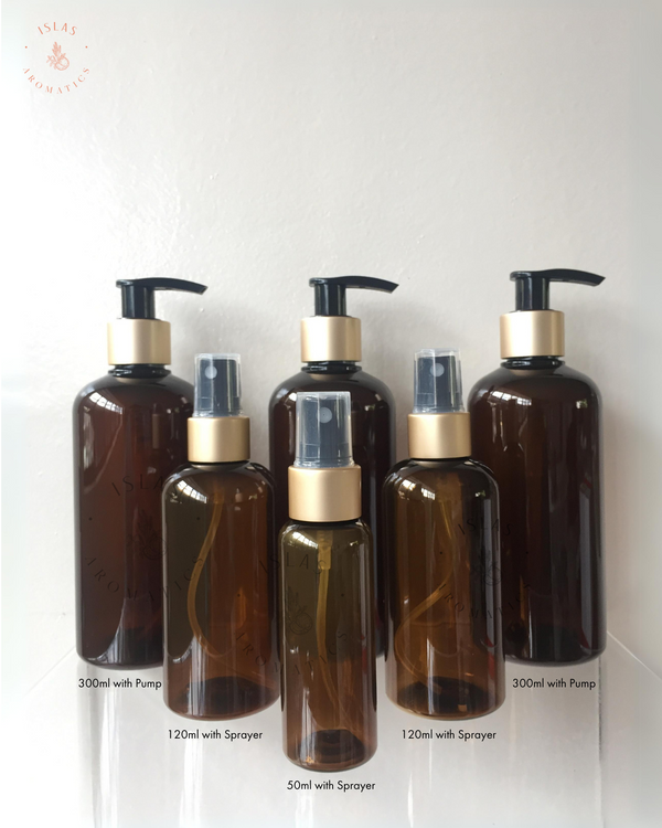 Amber Plastic Bottles w/ Sprayer Gold Covers