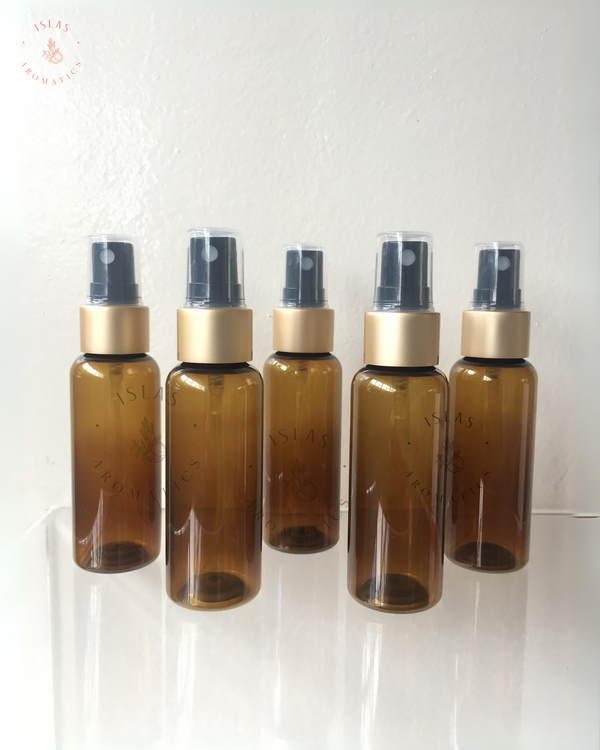 Amber Plastic Bottles w/ Sprayer Gold Covers