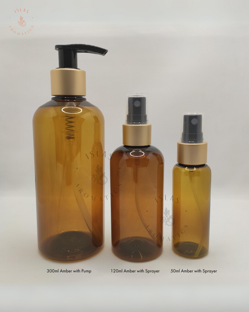 Amber Plastic Bottles w/ Sprayer Gold Covers