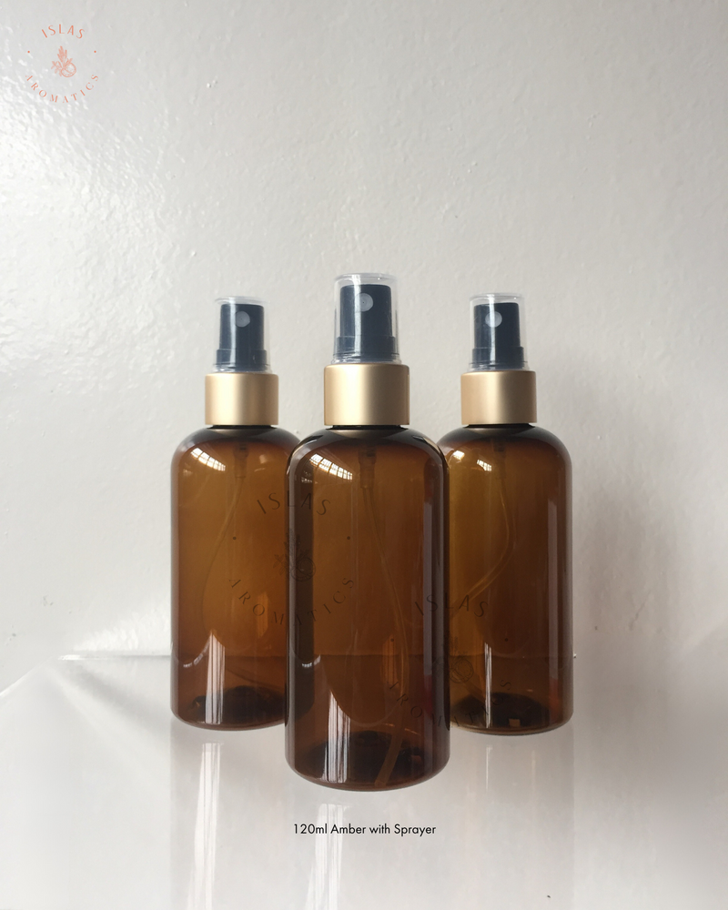Amber Plastic Bottles w/ Sprayer Gold Covers